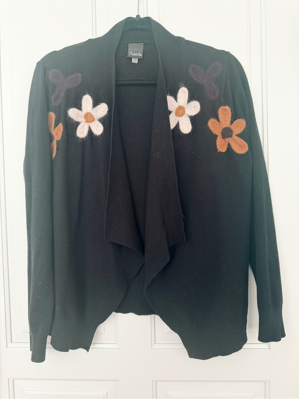 Aveda Black Open-Front Cardigan with Felt Flower Accents